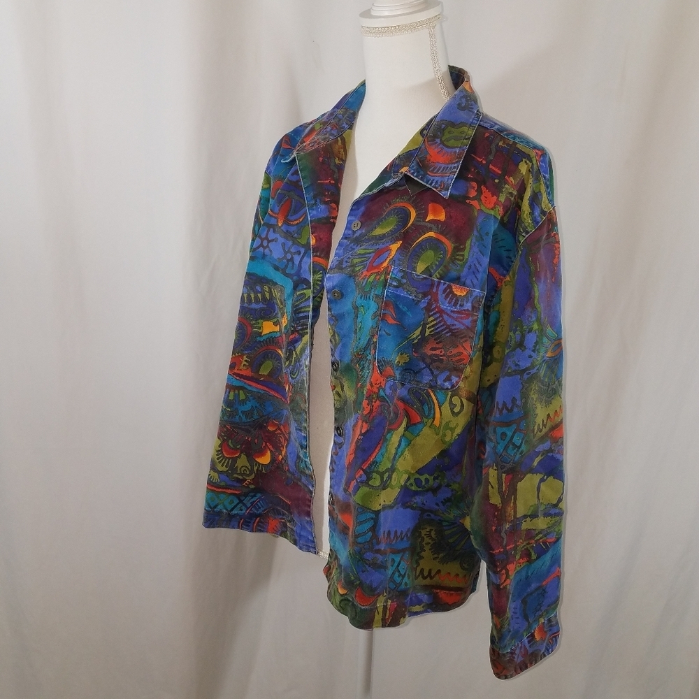 Chico's Abstract Faux Suede Button Down See Measurements (L?) - Picture 1 of 10